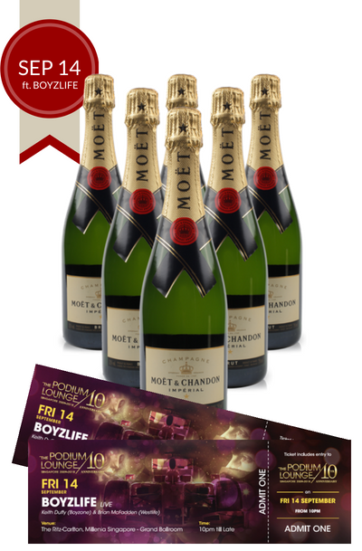 6 x Moet Brut Podium Lounge plus 2 discounted tickets for Podium Lounge FRIDAY 14 Sep ft BOYZLIFE