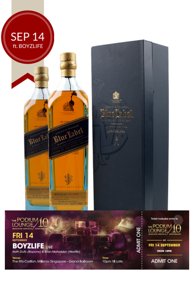 2 x Johnnie Walker Blue 1L w/Gift Box plus 1 discounted ticket for Podium Lounge FRIDAY 14 Sep ft BOYZLIFE