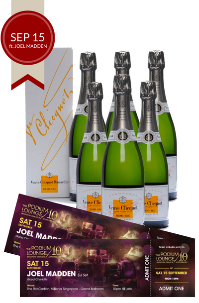 6 x Veuve Clicquot Demi Sec w/Gift Box plus 2 discounted tickets for Podium Lounge SATURDAY 15 Sep ft DJ Joel Madden