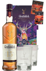 Glenfiddich 15 Festive 2022 Gift Pack 70cl with 2x Glasses free bag and 8x red packets