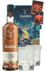 Glenfiddich 18 Festive 2022 Gift Pack 70cl with 2x Glasses Glasses free bag and 8x red packets