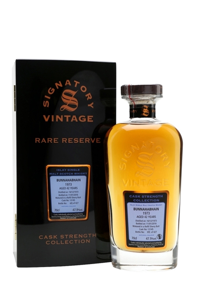 Bunnahabhain 1973 42 Year Cask Strength Rare Reserve Signatory Vintage bottle and box